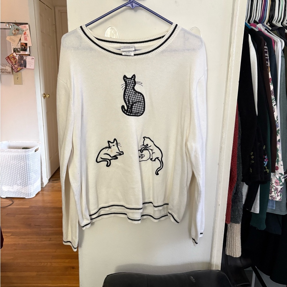 White Sweater with Black Cat Design